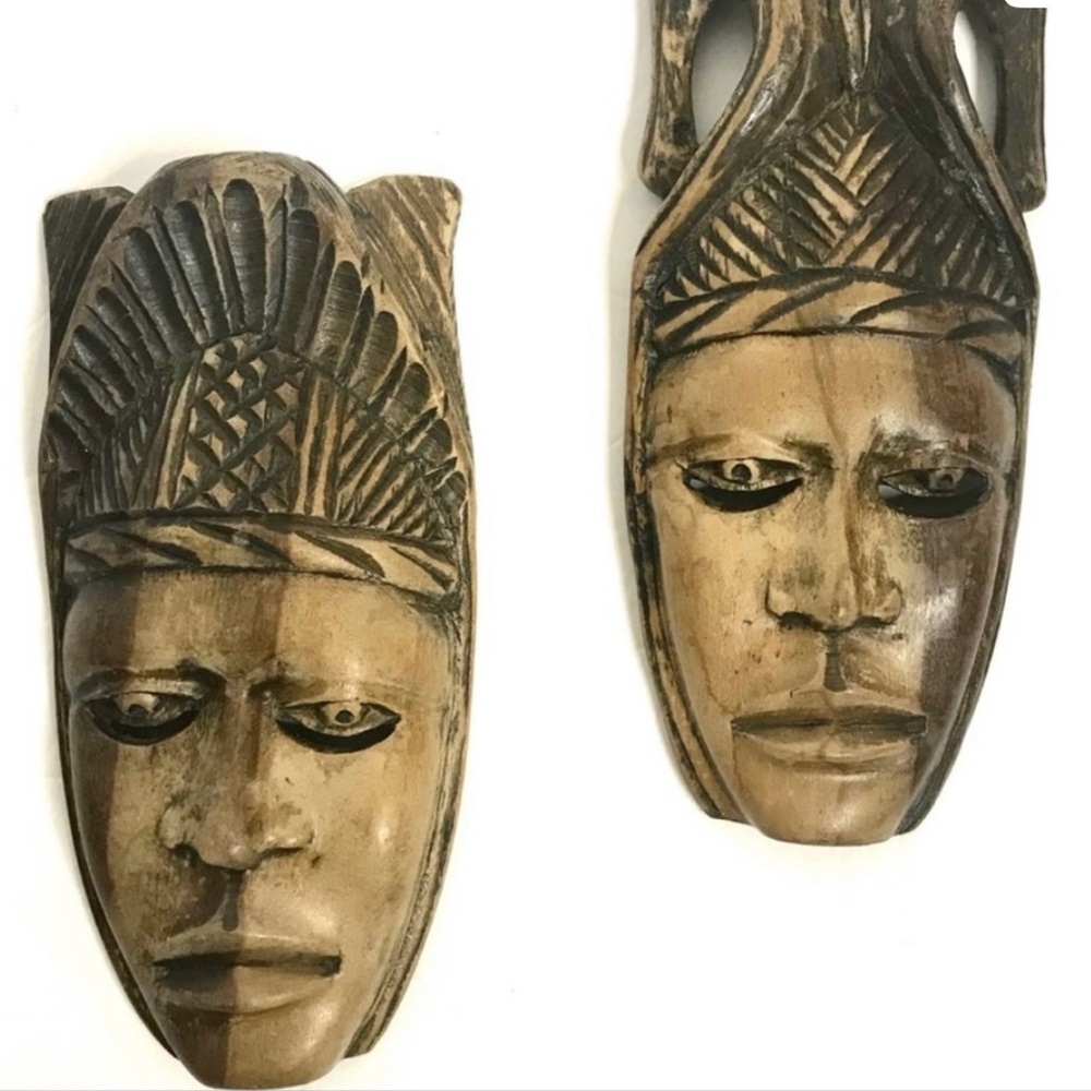 Vintage Masks Hand Carved Wooden Tribal Faces Exotic Folk Art Pair Sculptures - Picture 6 of 8